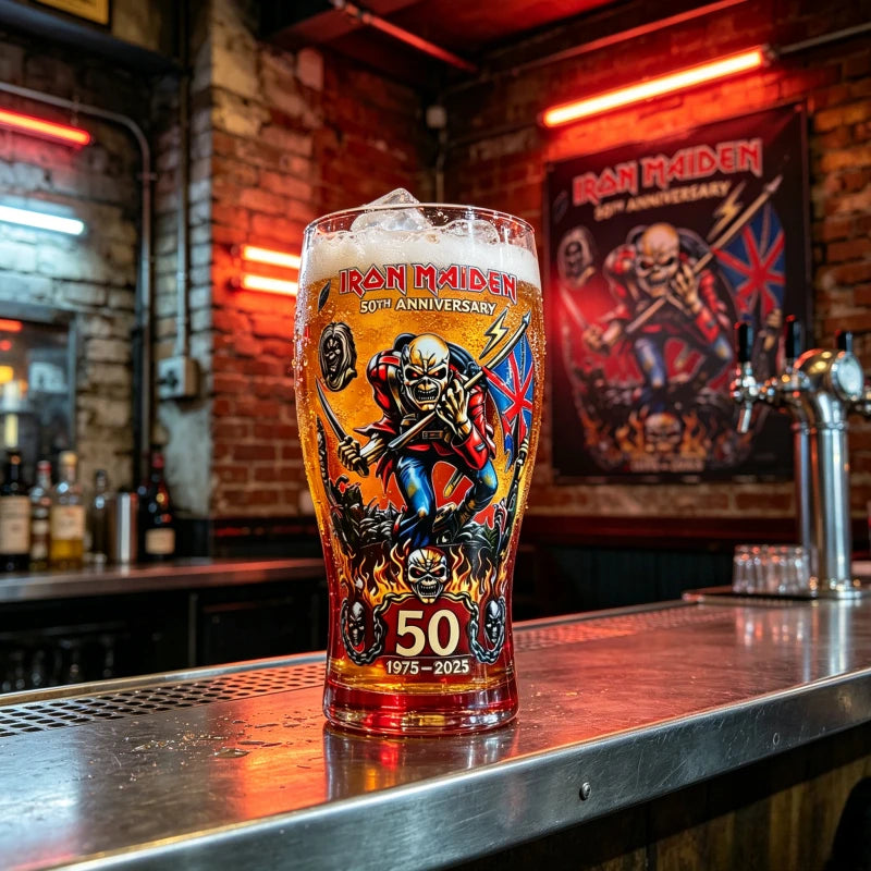 IRON MAIDEN 50th Anniversary Collectible Beer Glass, 500ml 16oz The Trooper Eddie Skull Sticker Craft Pint Glass, Heavy Metal Rock Band Lovers Fans Home Bar Pubs Night Rock Club Drinkware Accessories Barware Supplies
