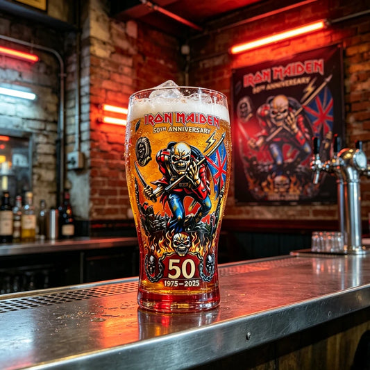 IRON MAIDEN 50th Anniversary Collectible Beer Glass, 500ml 16oz The Trooper Eddie Skull Sticker Craft Pint Glass, Heavy Metal Rock Band Lovers Fans Home Bar Pubs Night Rock Club Drinkware Accessories Barware Supplies