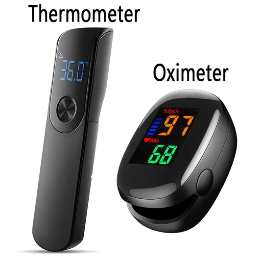NEW Arrivals 2PCS Set Medical IR Fever Thermometer Digital Ear Thermometer Child Adult Non-Contact Body Temperature or Mini Oximeter Blood Oxygen Tool Health Care Supplies