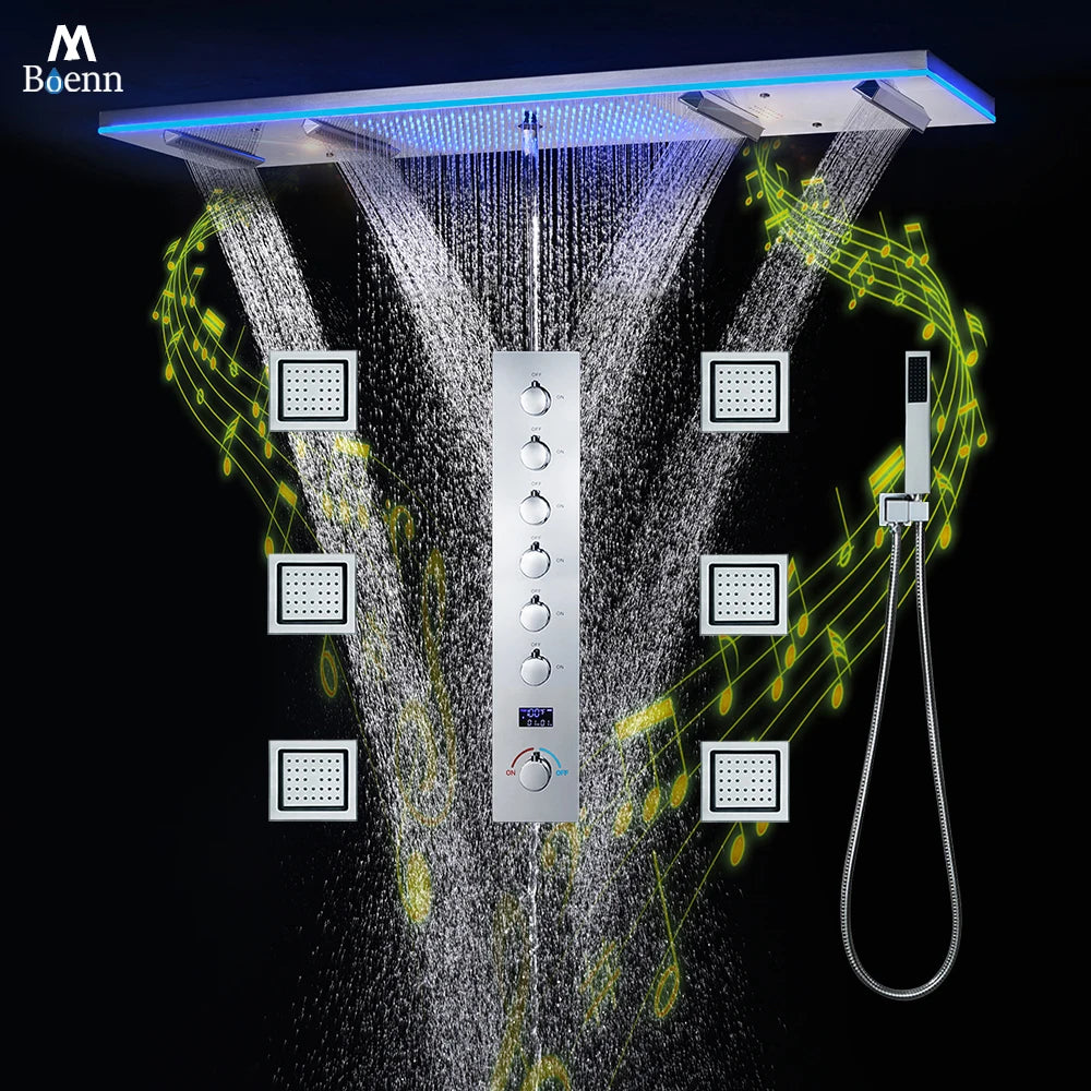 NEW Luxury Shower for Home Villa Hotels M47*12 Inch LED Lighting Large Black Shower Head Rainfall Bathroom Faucet Hot Cold + Music Shower System Set Smart Device Showers Mixer