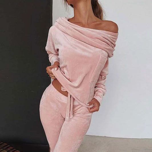 2 PCS Set S-3XL UK Plus Size 6 Colors Sexy Velvet Off Shoulder Slope Collar Casual Women Home Suit Fashion Folds Long Sleeved Bow Pullover Top Trousers Suit Outfit