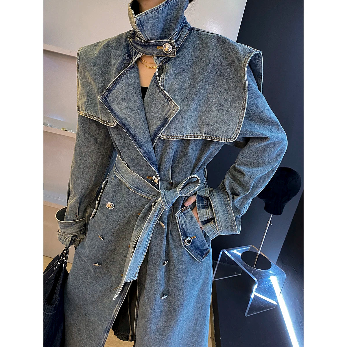 Spring Women Denim Trench Coat Spring Temperament Double Breasted Lace Up Loose Long denim Coat All Match Fashion