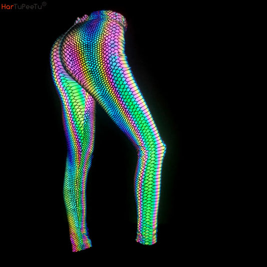 NEW Arrivals Harajuku Japanese Women's Med Waist New Snakeskin Colorful Reflective Ankle Length Leggings Fitness Sports Hip Lift Elastic Pants Night Club Tech-Wear Rave Party Pants