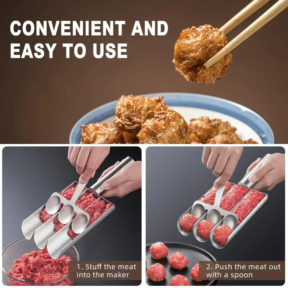 1/2/3.4 Slots Links Make 304 Stainless Steel Meatballs Rice-Meat Dumplings Maker Household Fish Ball Shrimp Sliding Die Meat Ball Maker Mold With Meat Dish Scoop Kitchenware Cooking Accessories