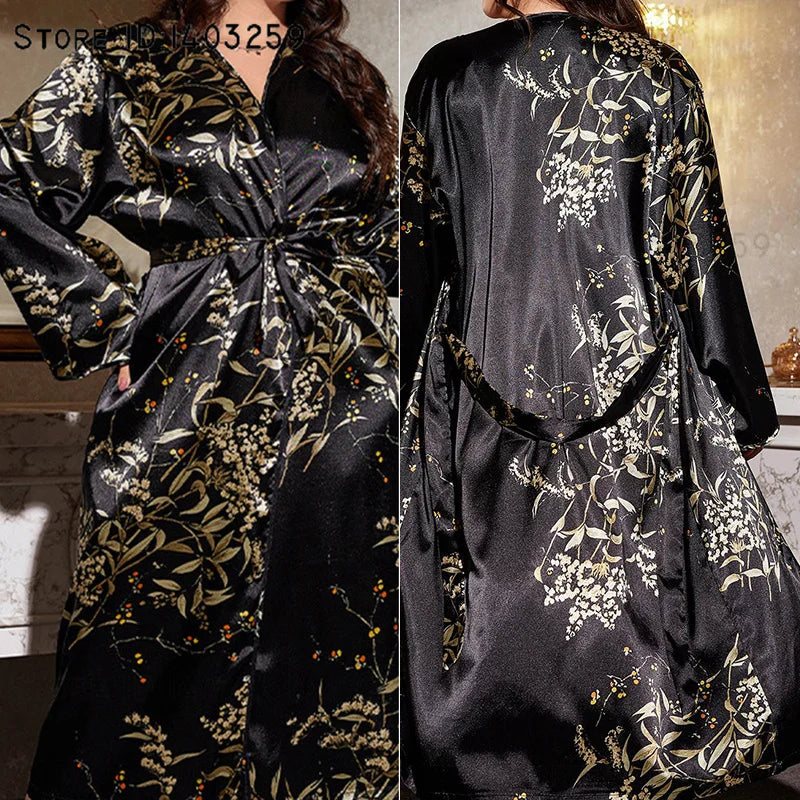 Plus Size XL-5XL 4 Colors Female Long Ice Silk Robe Sleepwear Spring Summer New Satin Kimono Bathrobe Gown Loose Casual Silk Satin Home Dress Lounge Wear