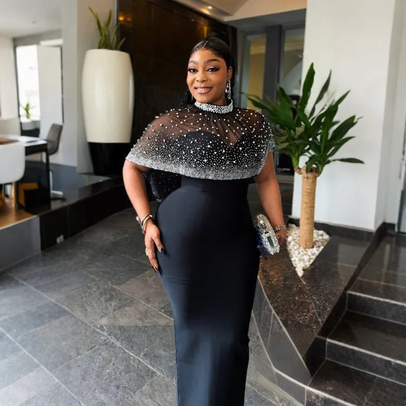 NEW S-2XL UK Plus Size 3 Colors Glitter Pearls Rhinestones Wedding Guest Dress Women Elegant Celebrity Sheath Night Club Party Even Prom Dress with Cloak