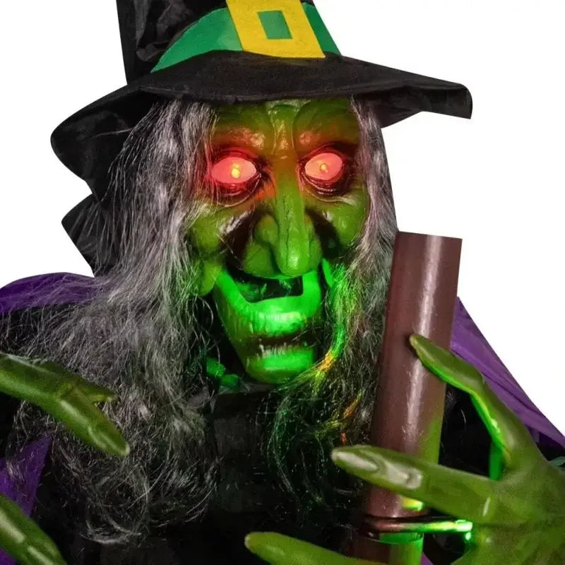 Halloween Flying Witch Decoration Large Hovering Witch Prop with Glowing Eyes Touch the Voice-Activated Scary Sounding Witch