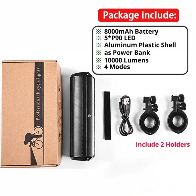 Full Set 8000mAh + Power Bank 10000LM Bicycle Light 500M Lighting Distance Front Bike Light Waterproof 8000mah 5*P90 Flashlight USB Charging MTB Road Cycling Lamp Accessories Sports Supplies