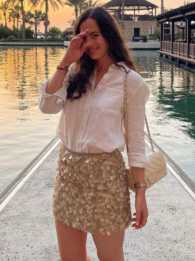 UK Size 13 Colors  Women Summer Fashion Party Style Sequin Mini Slim Skirt Female Sexy Elegant Banquet Zipper High Waist Short A-Line Skirt