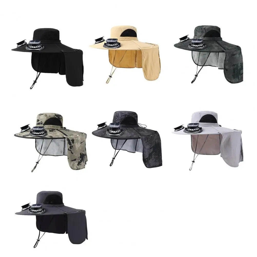 Solar Air Cooler Fan Hat with Neck Flap UV Protection Hat with Solar Fan USB Rechargeable Breathable Men Summer Outdoor Beach Camping Fishing Wide Brim Hats