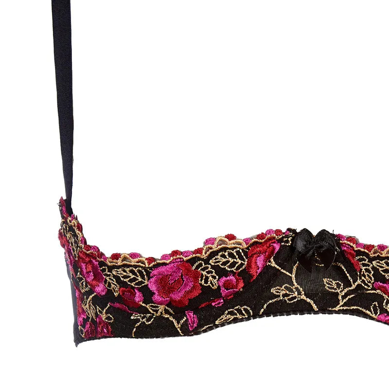 Women Sexy Underwear Exquisite Embroidery Flower Push Up Open Bra Crotch Panty Set Temptation Cupless Thong Lingerie Set