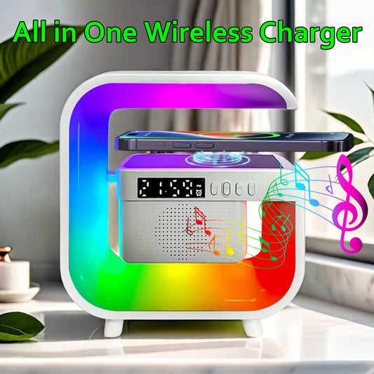 NEW Home RGB Bluetooth Wireless Black/White Color Speaker Wireless Charger Stand TF FM Alarm Clock for iPhone 16~12 Pro Max Fast Charging Music Player