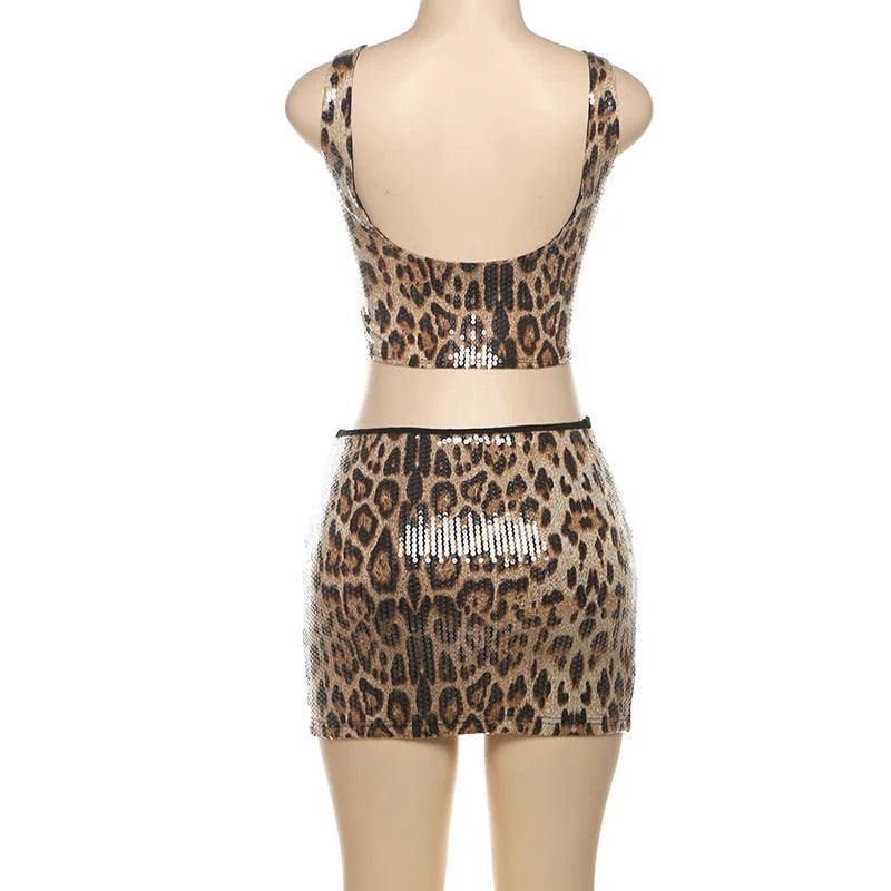 NEW Luxurious 2PCS Set Women Girls Leopard Sequins Backless Crop Top and Mini Skirt Sexy Evening Beach Party Night Clubwear Outfits  Backless Skirt Tracksuits Female Ladies Summer Sexy Fashion Clothing Supplies