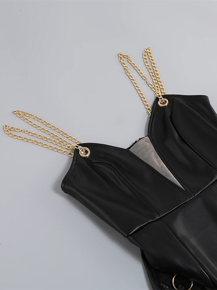 NEW Arrivals Women's Leather Sling Long Dress Sexy Black V-Neck Backless Chain Straps High Split PU Leather Dress Nightclub Party Evening Dresses