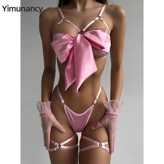 Yimunancy 3-Piece Cut Out Bow Lingerie Set 4 Colors Satin Cute Erotic Set Solid Brief Underwear Set Nightwear
