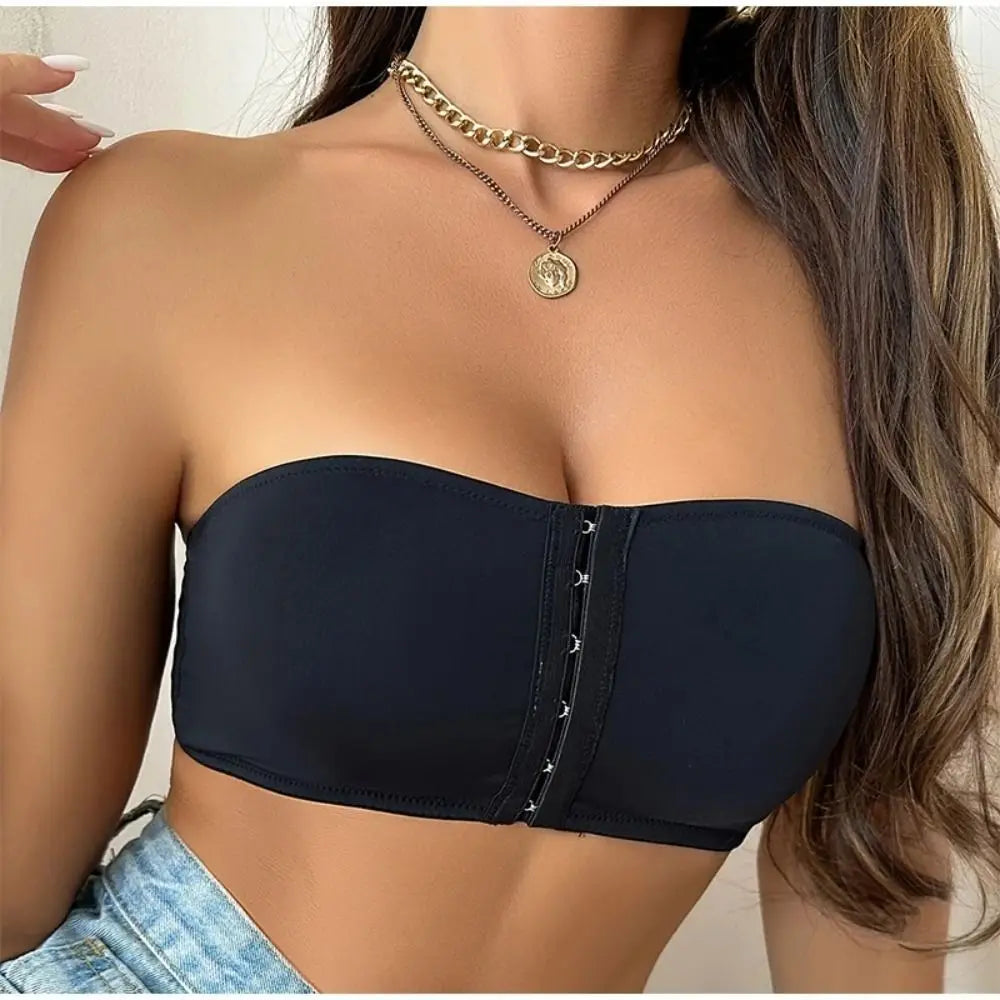S-XL Black/Skin Color Breathable Soft Cushion Strapless Bra Wire Free Non-Slip Design Front Button Bra No Steel Rings Seamless Ice Silk Bra Women Underwear Accessories