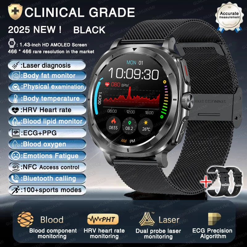New Laser Therapy ECG Blood Pressure Smart Watch Uric Acid Blood Lipid Organ monitor Clock NFC BT Call Health Watches Men Health Care Supplies