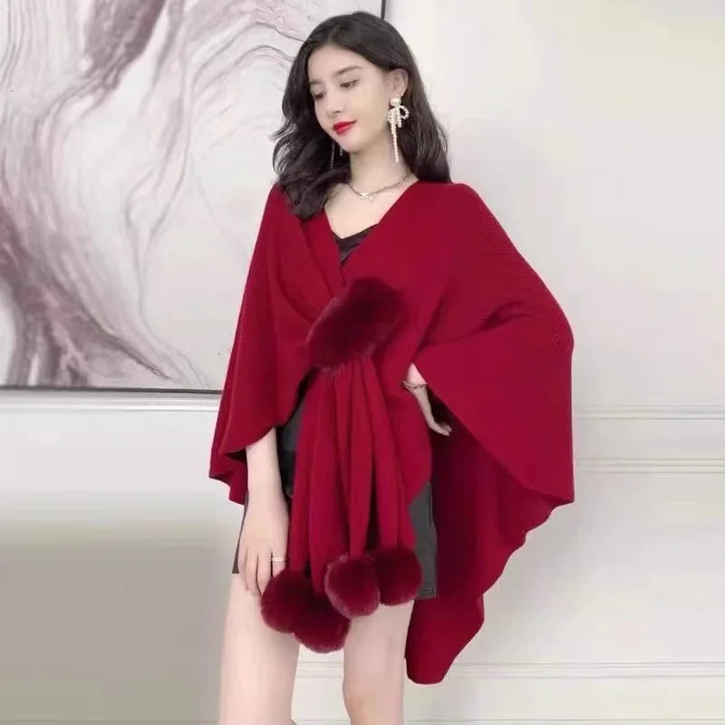 NEW Arrivals 5 Color High Quality Autumn Winter Warm Oversize Cloak Knitted Criss-Cross Poncho Capes Women Female Loose Faux Fur Ball Streetwear Cardigan Shawl Knitwear Girls Ladies Luxury Apparel Accessories Clothing Supplie