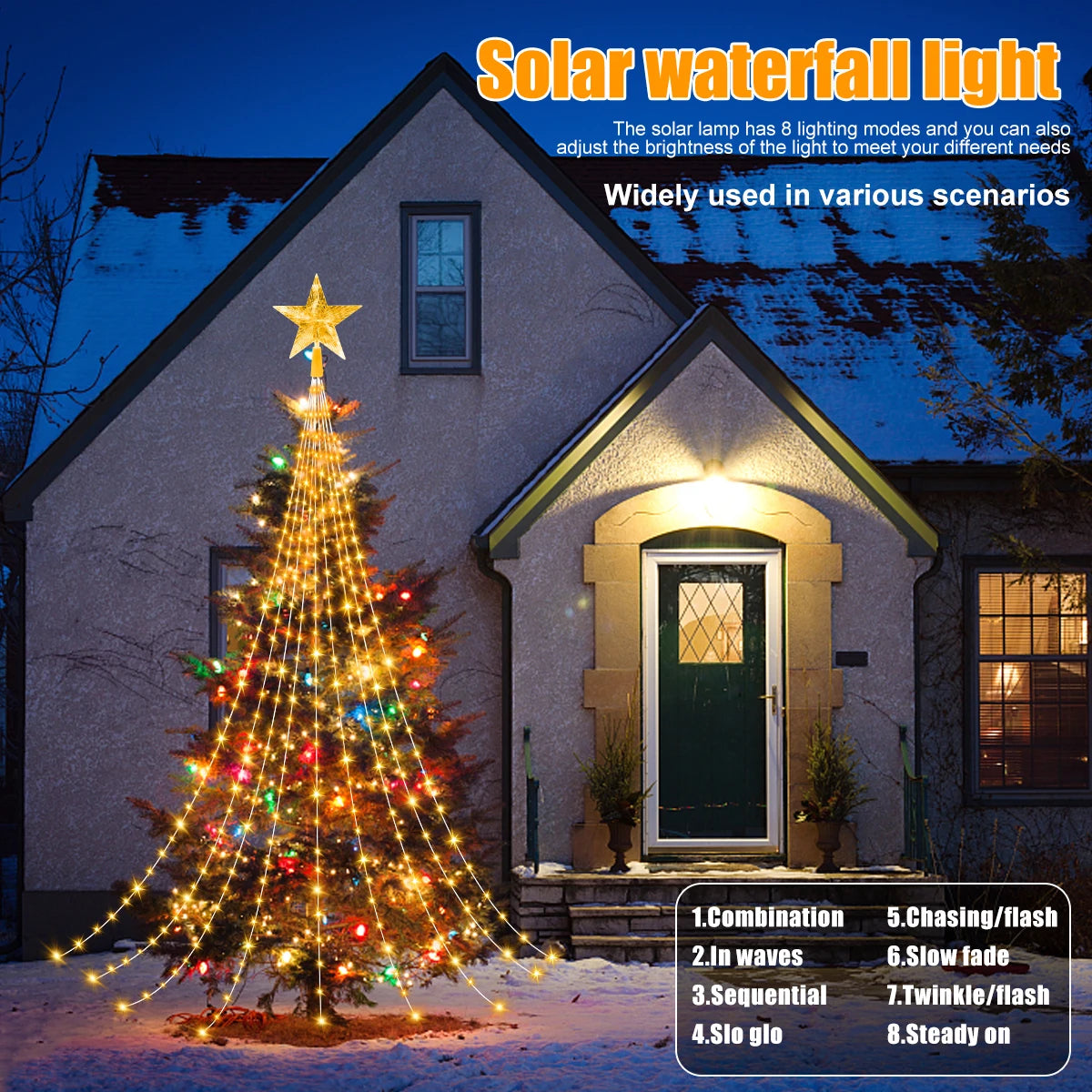 NEW Solar Christmas Decoration Star String Lights 3M 8 Modes Waterfall Christmas Tree Fairy Lights for Outdoor Wedding Holiday