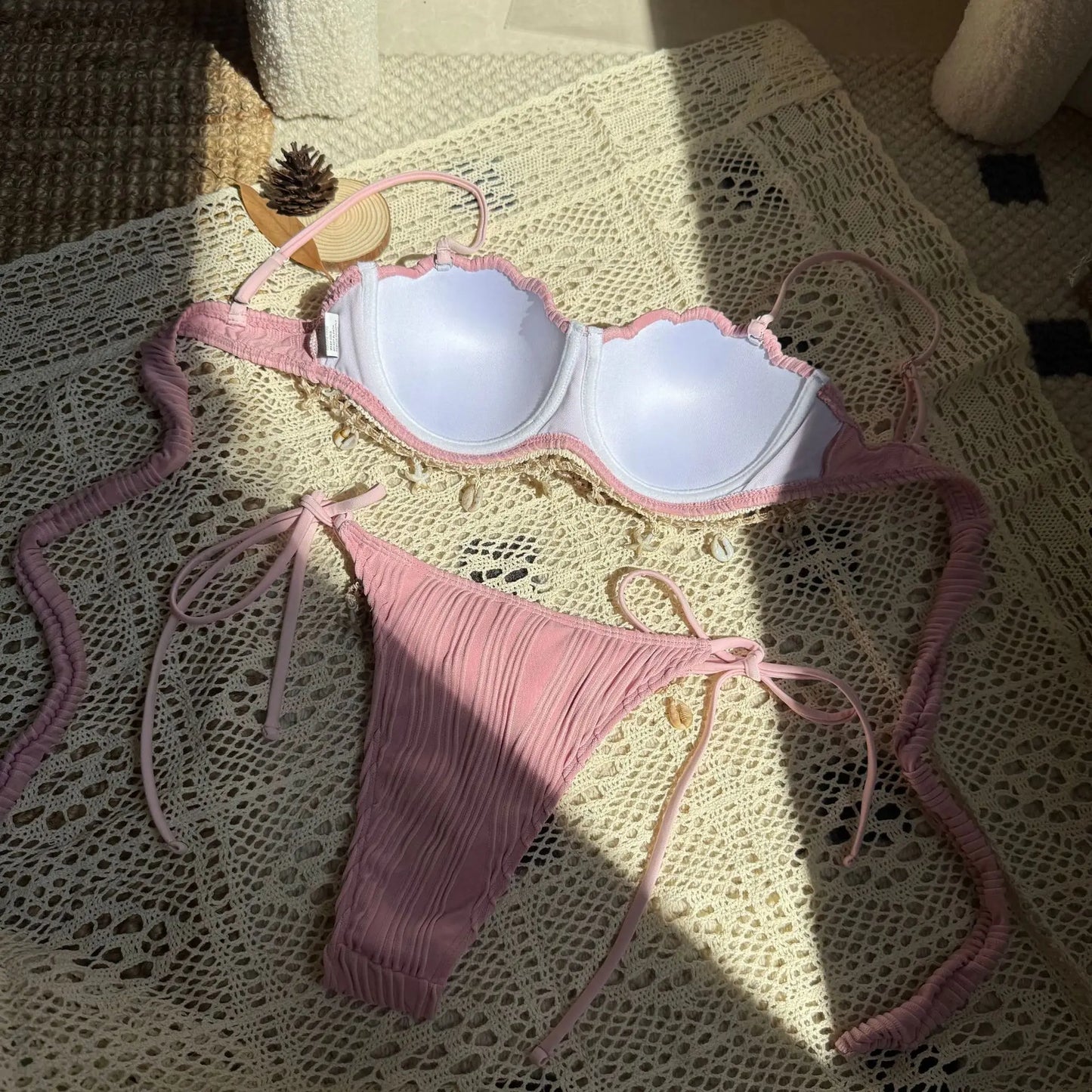 NEW 5 Colors UK Size Shell Scalloped Wrinkled Underwired Bra Cup Bikini Female Swimsuit Women Swimwear 2PCS Bikini Set Push Up Ladies Bathing Suit
