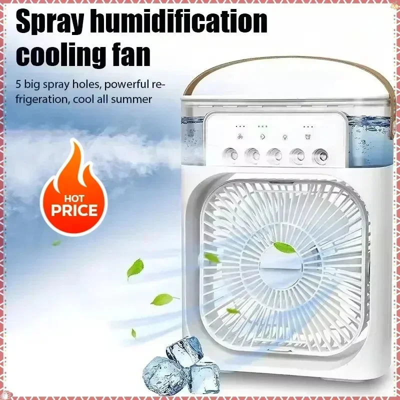 Save Energy Mini Portable Cooling Fan with USB Charging Water Mist Air Conditioner LED Lights Night Light for Home Office Desk Humidifier Cooling Devices.