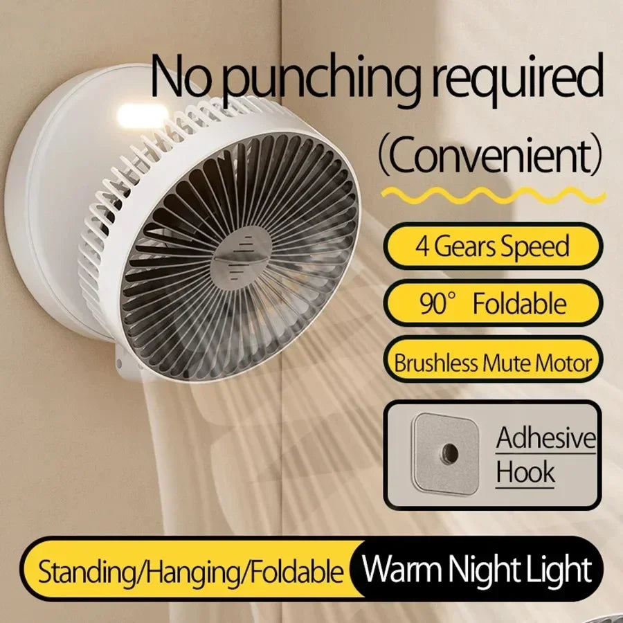 Home Office Rechargeable Table Fan Portable Air Conditioner Wall Mounted Fan 90° Folding Fan 4 Gears with Warm Night Light Home Cooling Accessories