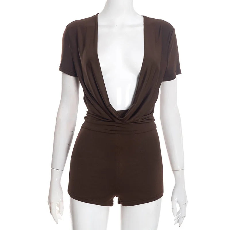 Black/White/Brown Color Spring New Ruched Deep V Bodycon Rompers Women Short Sleeve Slim Jumpsuits Sexy Solid Overalls Streetwear Evening Beach Party Midnight Clubwear