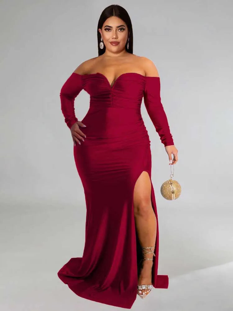 NEW Arrivals XL-4XL UK Size Green/Red/Black/Blue Curvy BBW Women Elegant Luxury Off The Shoulder Dress Strapless Long Sleeve Evening Party Wedding Birthday Dress Spring Plus Size Female Side Slit Dress