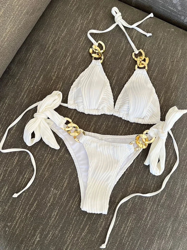 NEW 8 Colors Sexy Halter Metal Rings Bikinis Wrinkled Bikini Female Swimsuit Women Swimwear 2PCS Bikini Set High Cut Bathing Suit Swim Ladies Sexy Swimwear Bikini Set