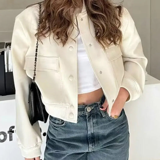 NEW Arrivals S-3XL 4 Colors Fashion Women Elegant Solid Bomber Jacket Long Sleeve Button Slim Cropped Coat Female Casual Chic Tops Woman Streetwear