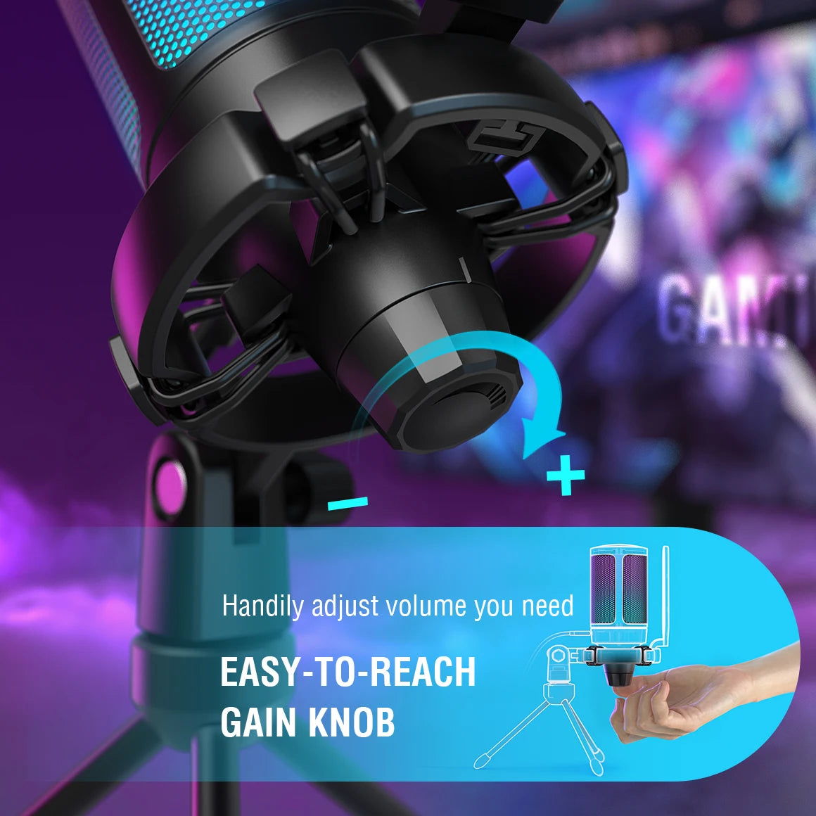 RGB USB Condenser Gaming Microphone, for PC PS4 PS5 MAC with Pop Filter Shock Mount&Gain Control for Podcasts ,Ampligame A6V