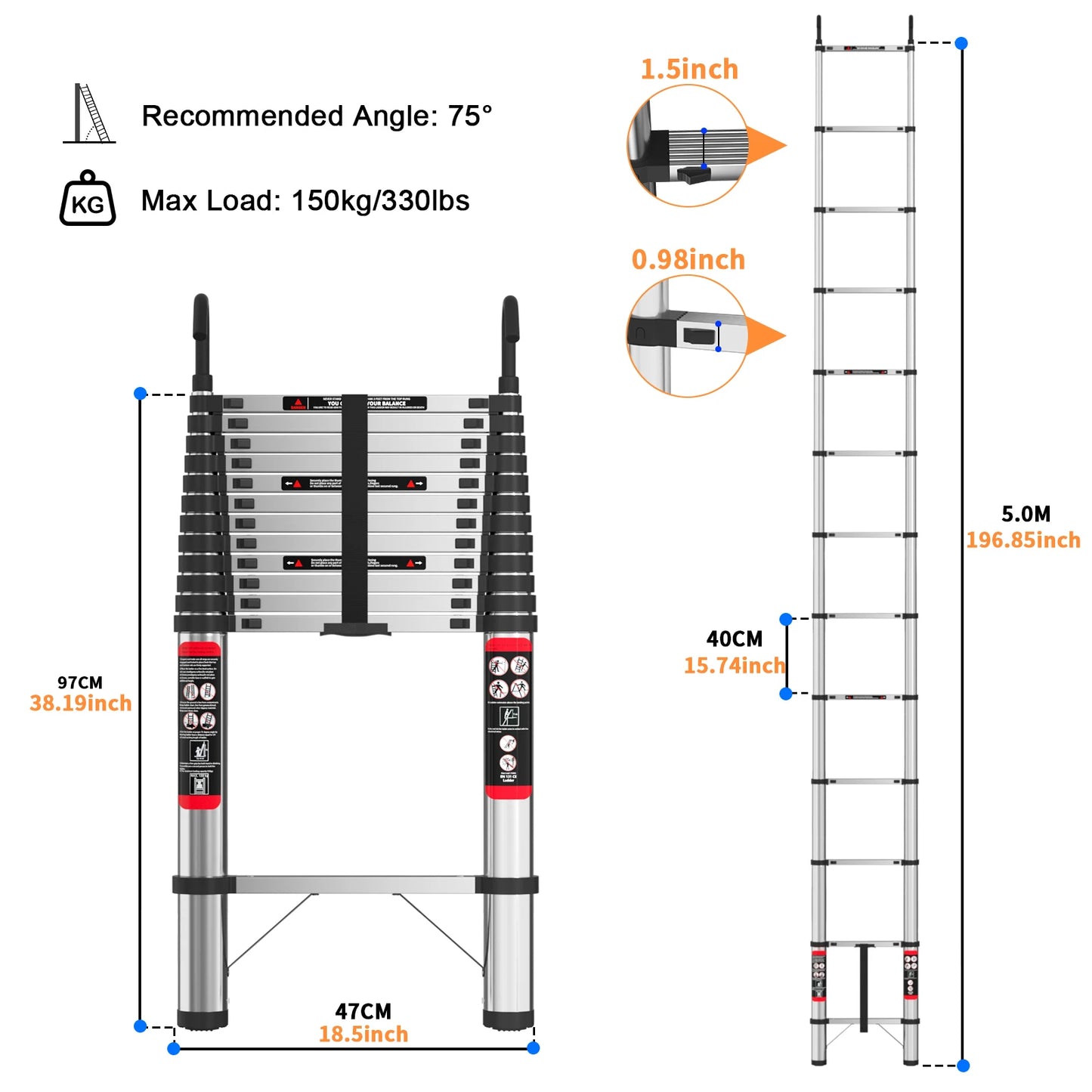 Telescopic Ladder Stainless Steel, Load 150kg, Convenient Extendable ,For Pulling Walls, Changing Light Bulbs, Repairing Roofs, RV Home Work Heavy Duty Accessories