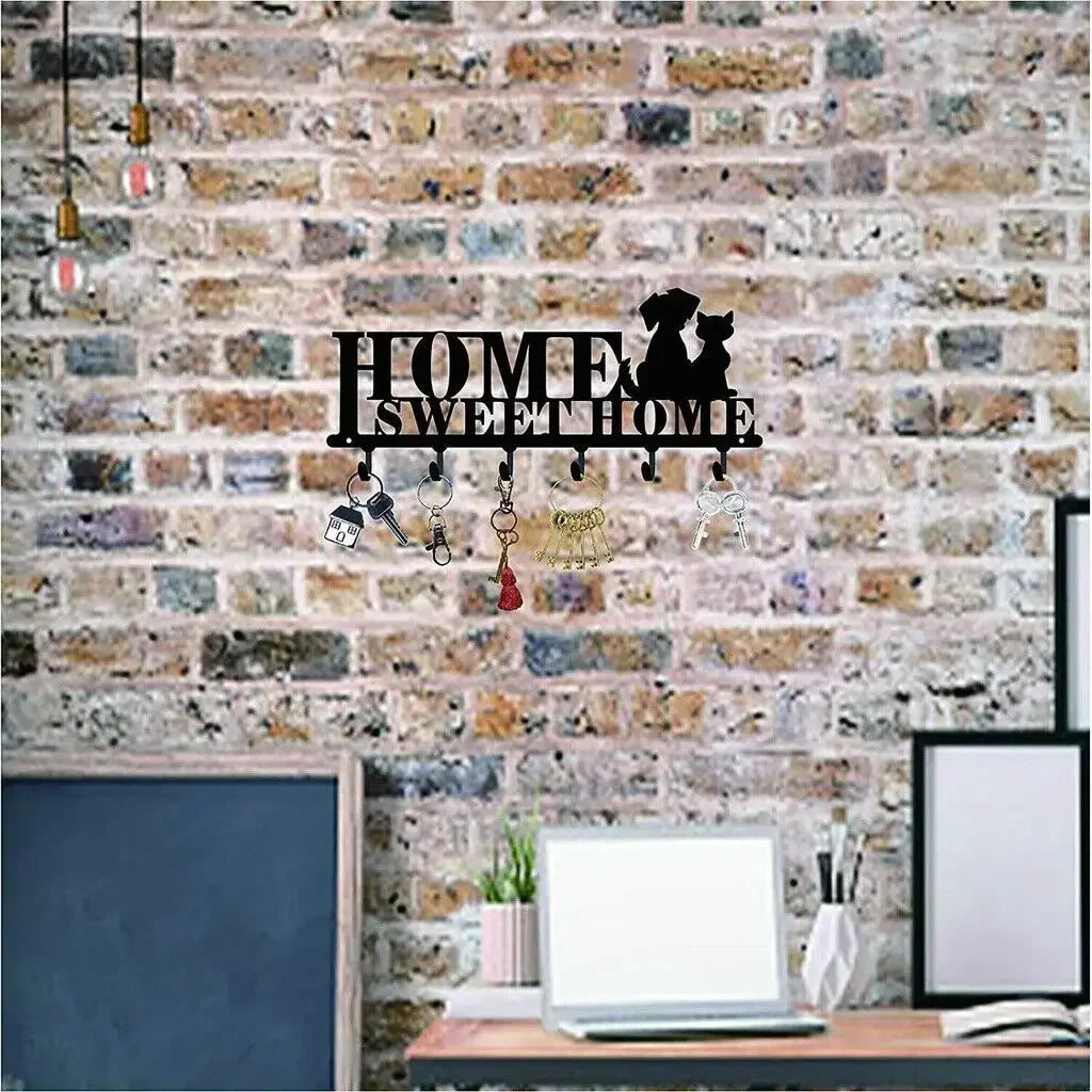 Hook Hanger Wall Key Holder Metal Decorative Coat Hanger with Sweet Home and Dogs Design Organizer Rack with 6 Hooks