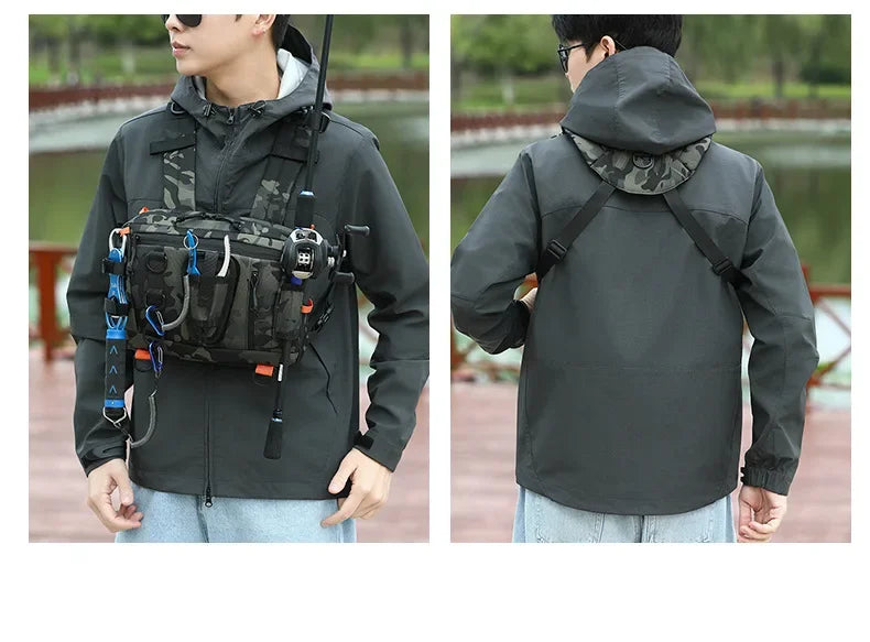 NEW Arrivals Multi-Purposes  Fishing Tactical Chest Bag Camping Hiking Backpack Front Chest and Back Vest Bags Lure Fishing Tackle Bag Fanny Pack Men Climbing Bag