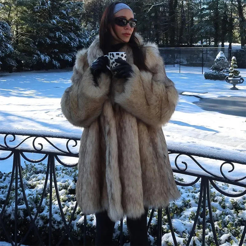 Low-Price Sales are Limited Luxurious Female Women Fashion Lapel Faux Fur Midi Coat Winter Warm Snow Street Long Sleeve Oversize Cardigan Thick Jacket Outerwear Girls Ladies Luxury Fashion Clothing Supplies