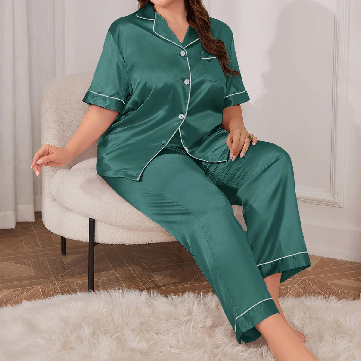NEW Arrivals 2PCS Set XL-5XL Plus Size 12 Colors Shirt-Pants Female Long/Short Sleeve Pajamas Set Spring Summer Silk Satin Sleepwear Trouser Pajamas Suit Loose Curvy Ladies Girls Luxury Home Wear Fashion Apparel Supplies