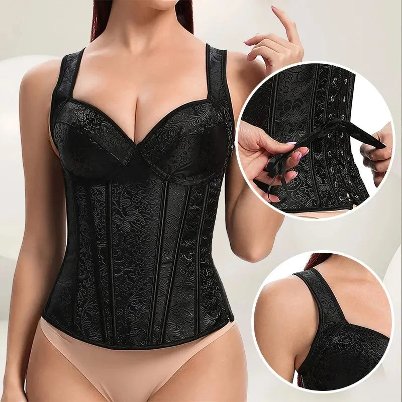 Women's Sexy V-Neck Shoulder Strap Tight Fitting Corset with Side Zipper Floral Jacquard Slim Fit and Shape Wear