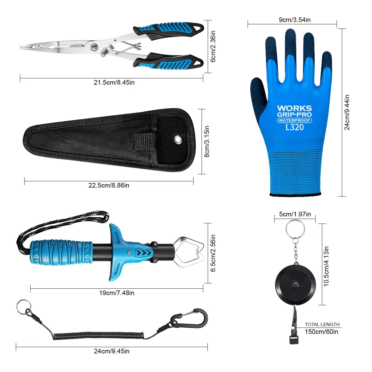 NEW Set Complete Fishing Pliers Accessory Set:  Fishing Gloves, Pliers, Fish Grippers, Protect Pliers Sheath, Fish Tape Measure Fishing Accessories Tools Set