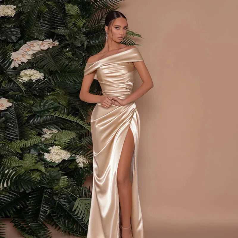 Low-Price Sales are Limited Luxurious Women Girls Autumn Italian Design Satin Ice Silk Elegant Evening Wedding Party Night Clubwear Business Dinner Outfits Sleeveless Backless Side Slit Ruched Maxi Dresses Ladies Luxury Fashi
