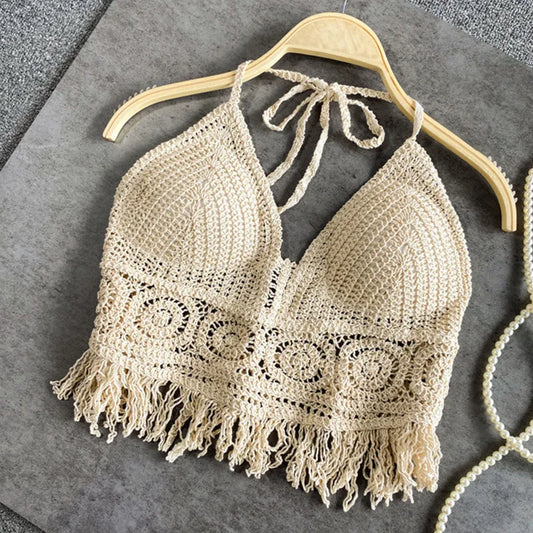Handmade Sexy Beach Holiday Camisole Halter Women Crochet Knit Swimsuit Bra Backless Vest Hollow Tassel Tank Top Women's Female Crop Tops Girls Ladies Summer Luxury Fashion Clothing Products