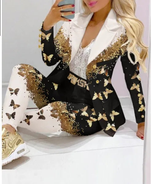 NEW Arrivals 2PCS Set S=2XL 11 Patterns/Colors Luxury Italian Suit Coat + Pants Set Evening Business Office Lady Fashion Elegant Long Sleeve Top Trousers Formal Outfit  Ladies Luxury Fashion Clothing Supplies