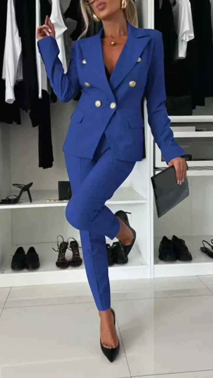NEW Arrivals 2PCS Set UK S-2XL Size 8 Colors Women Office Smart Clothes Suit Blazer Double Breasted Button Solid Color Jacket & High Waist Slim Pencil Pants Ladies Luxury Fashion Clothing Supplies