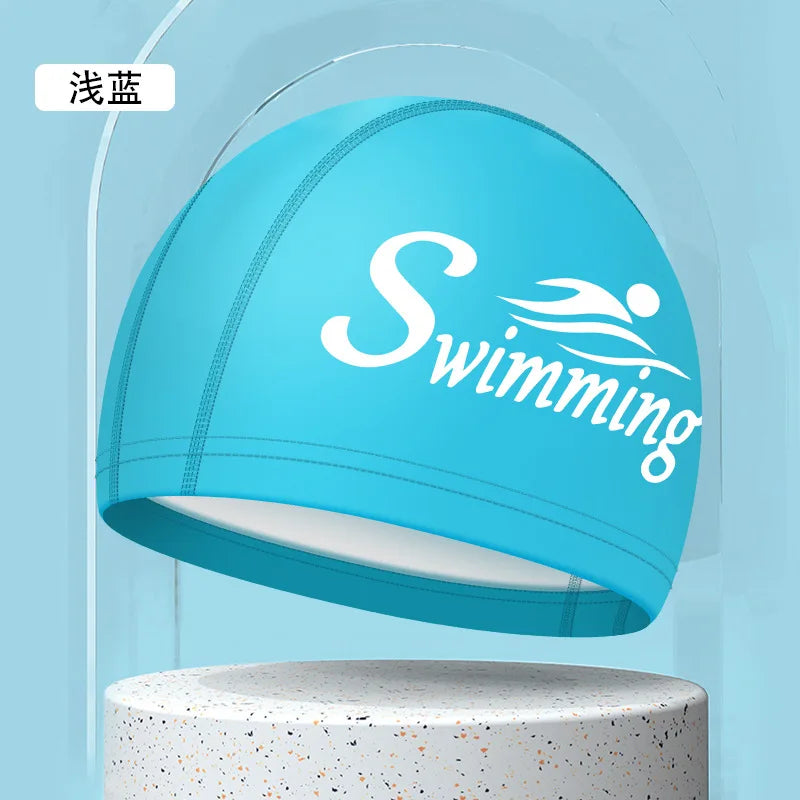 Swim Caps for Women Men Universal Large Size Long Hair Ear Protection Swimming Caps PU Waterproof Letter Printed Swimming Cap Bathing Accessories Sports Supplies