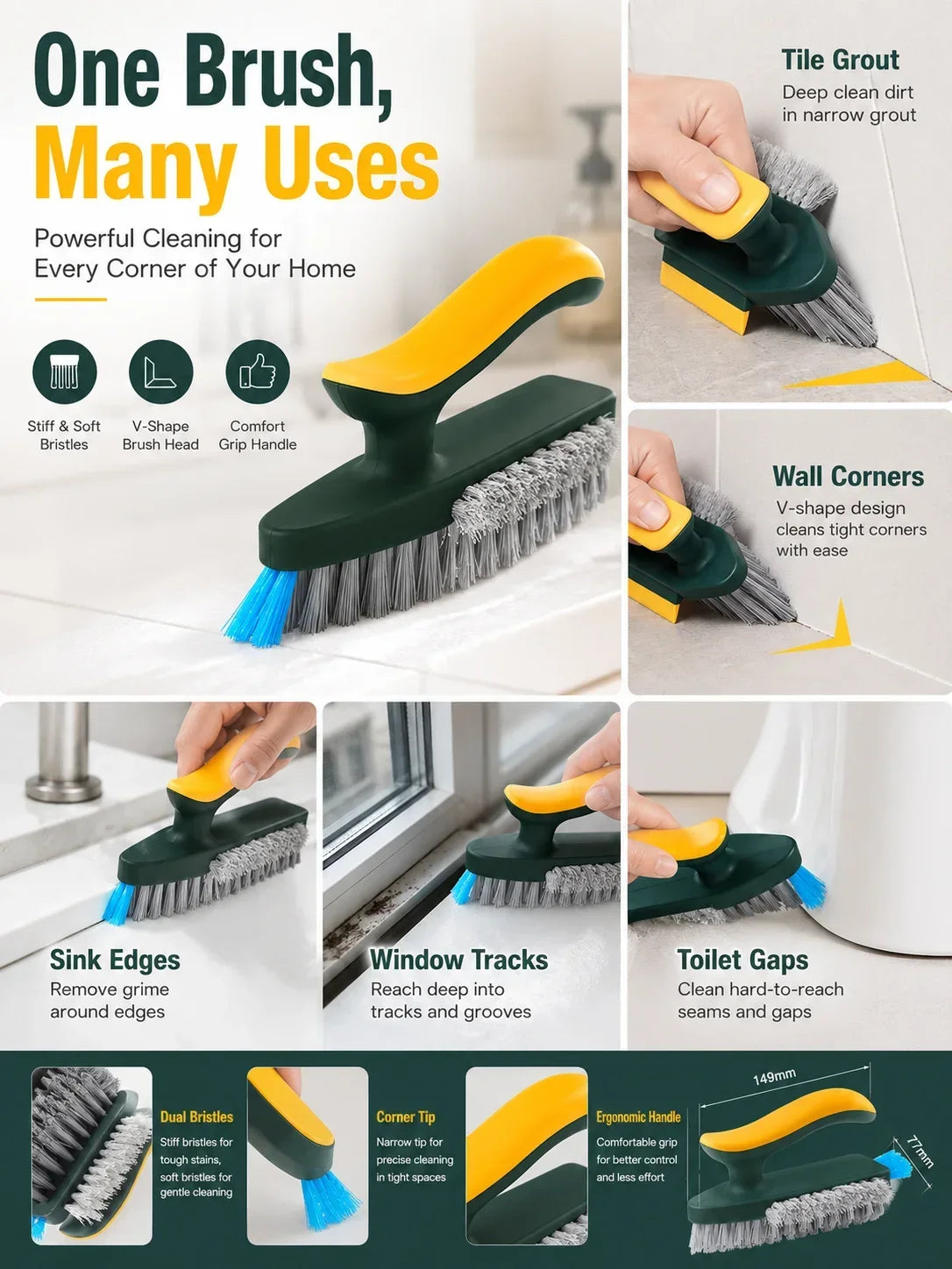 NEW 2 in 1 Hard Bristle Multi-Purpose Window Grooves Crevice Gap Scrubber Brush, Scraper for Tile Floors, Bathroom Corner Kitchen and Wall Gap Cleaning Tool
