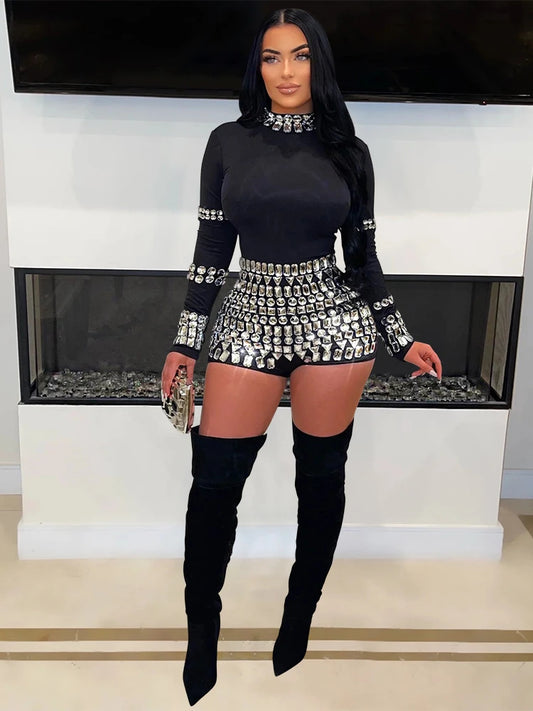 NEW Arrivals  Women Ladies Diamonds Hot Rhinestones Long Sleeve Short Jumpsuits Summer Sexy Beach Party Club One Piece Suit Rompers Playsuits Female Girls Luxury Fashion Clothing Products