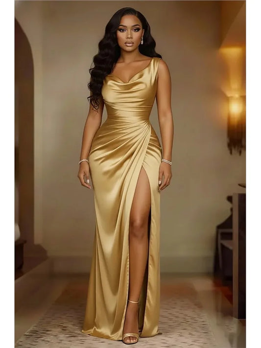 S-3XL Plus Size 6 Colors Elegant Women Sleeveless Solid Color Long Dress Fashion Draped Slim Fit Party Dress Sexy Off Shoulder Hight Split Evening Dress