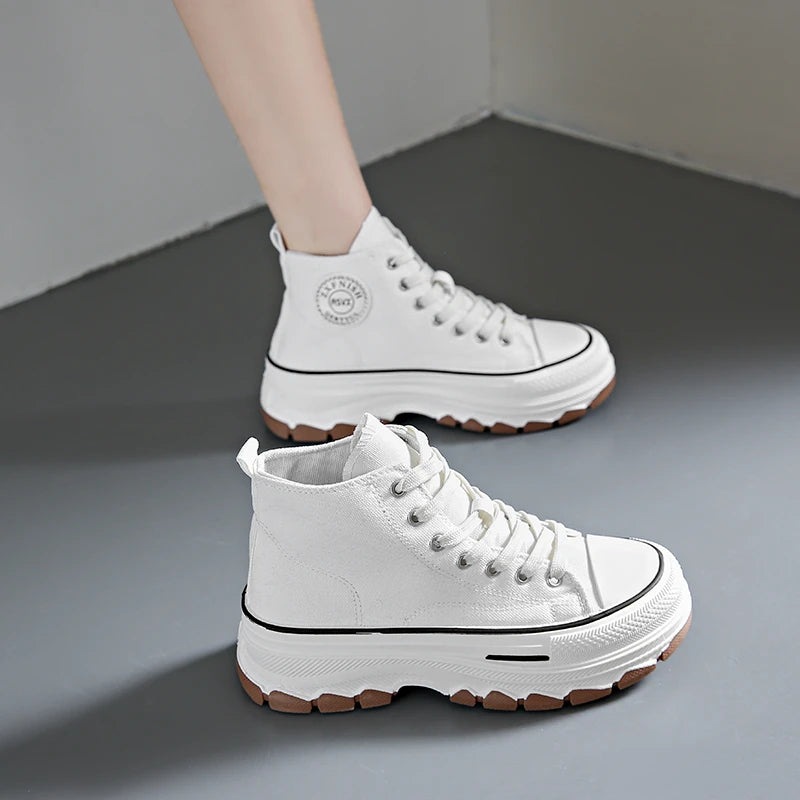 Women High Top Sneakers Lace-Up Casual Platform Height Canvas Non-slip Wear Resistant  Spring Female Vulcanize Shoes