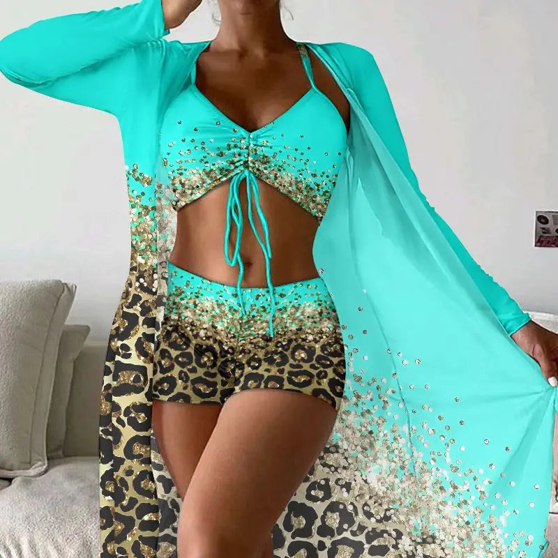 Women Bathing Suit 3 Piece Swimsuit Kimono High Waist Bikini Shorts Long Sleeve Beach Cover Up Swimwear Print Leopard Bikinis