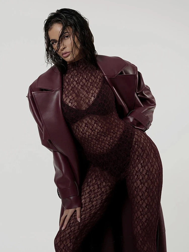 Black/Claret Color Sexy Women Jumpsuit Trend Jacquard Midnight Clubwear Party Full Sleeve Elastic Night Out Club Fit Tight Activity Overalls