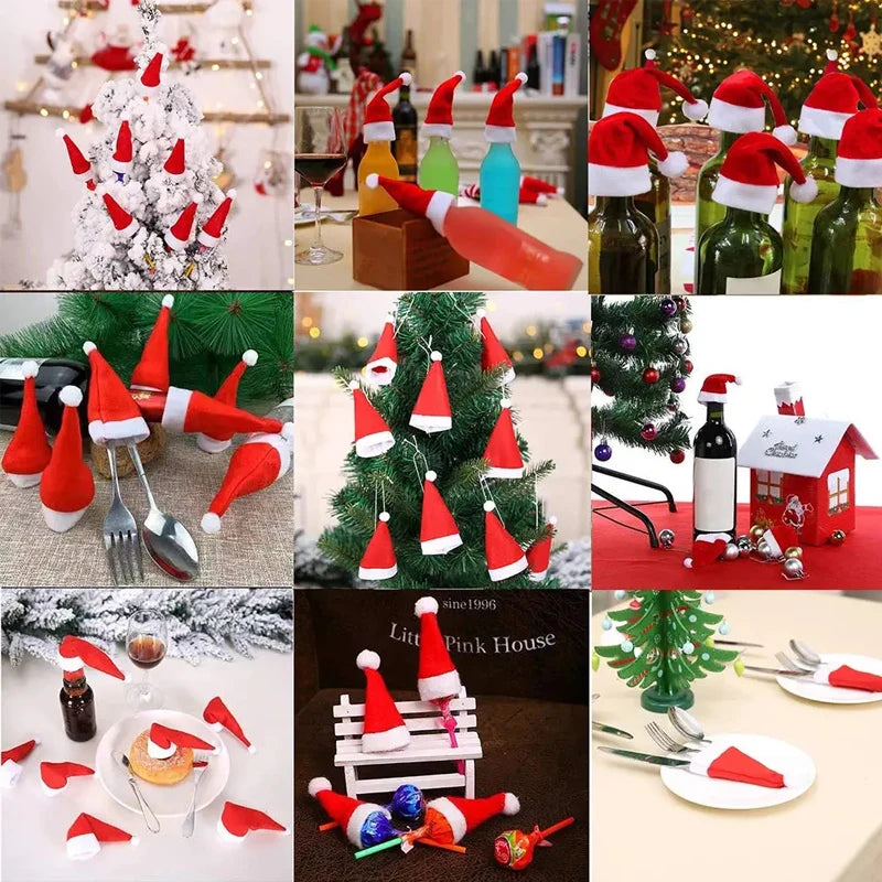 50-100-200PCS Set Mini Santa Claus Hats Wine Bottle Covers Lollipops Candy Caps Christmas Tableware Holder Bottles Bags Xmas New Year Party Decoration